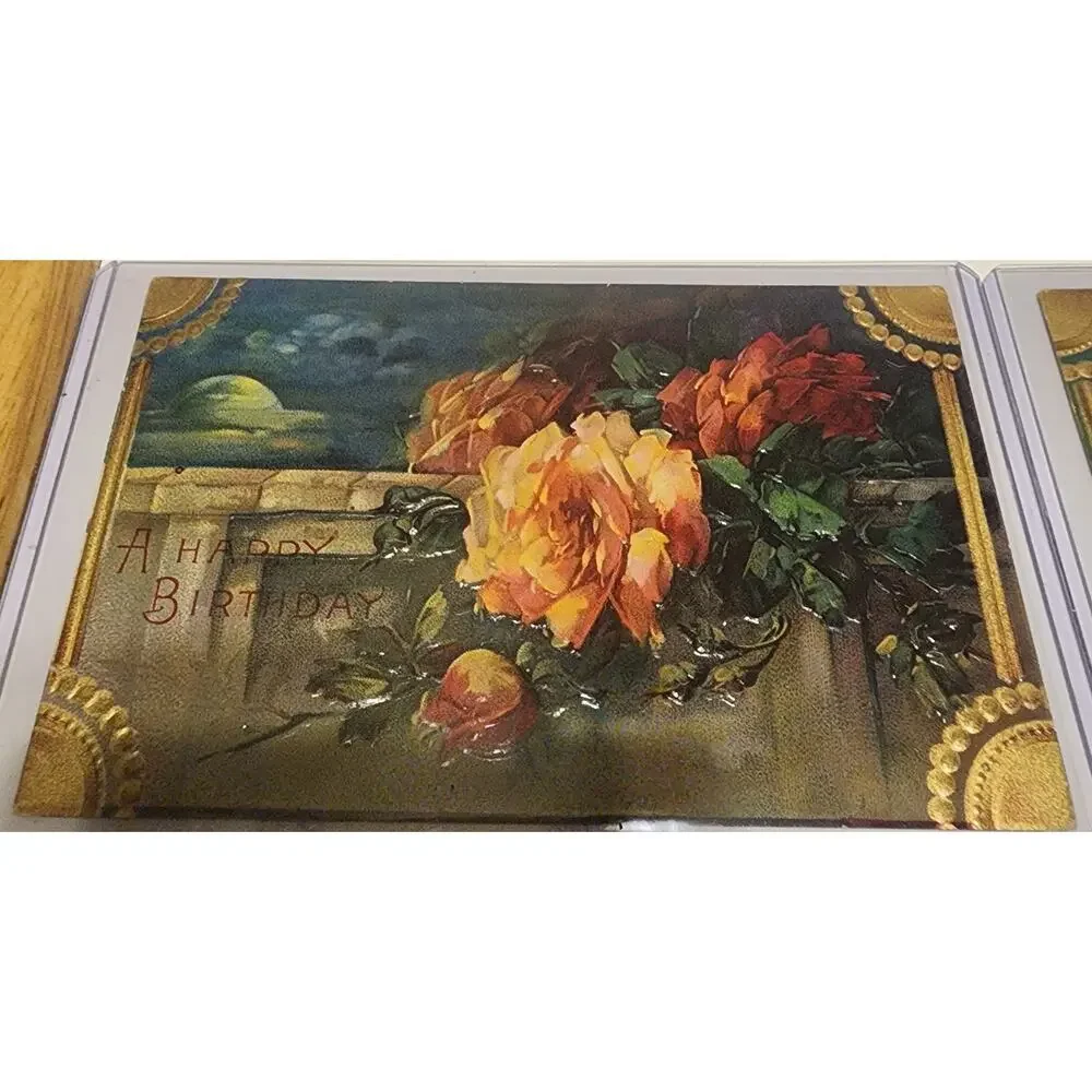 Lot Of Four Vintage Antique Embossed Postcards Flowers Birthday Boats